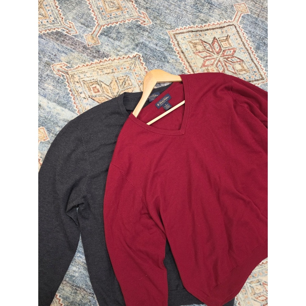 Brooks Brothers Mens Sweater Lot XL Merino Wool V Neck Red Gray Pullover‎